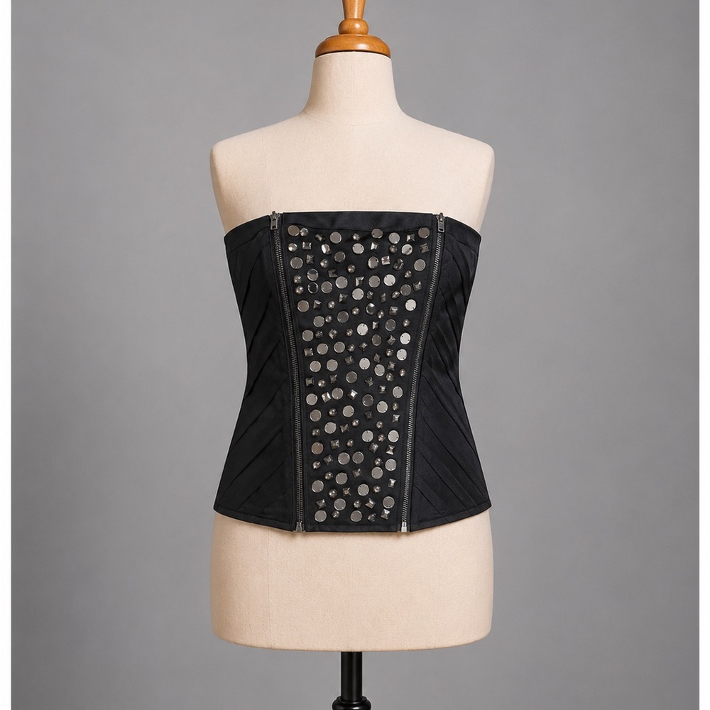 Vintage Y2K Black Studded Strapless Corset Top Medium Zipper Bustier McBling M